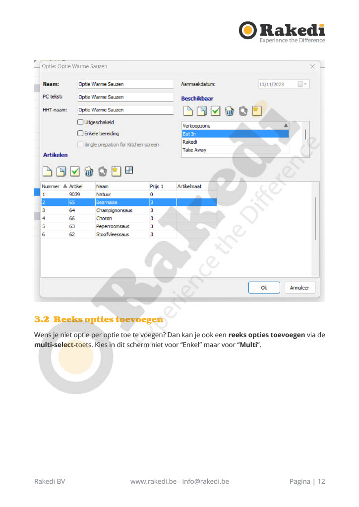 Opties beheren in RakediPOS