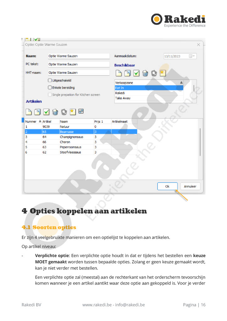 Opties beheren in RakediPOS