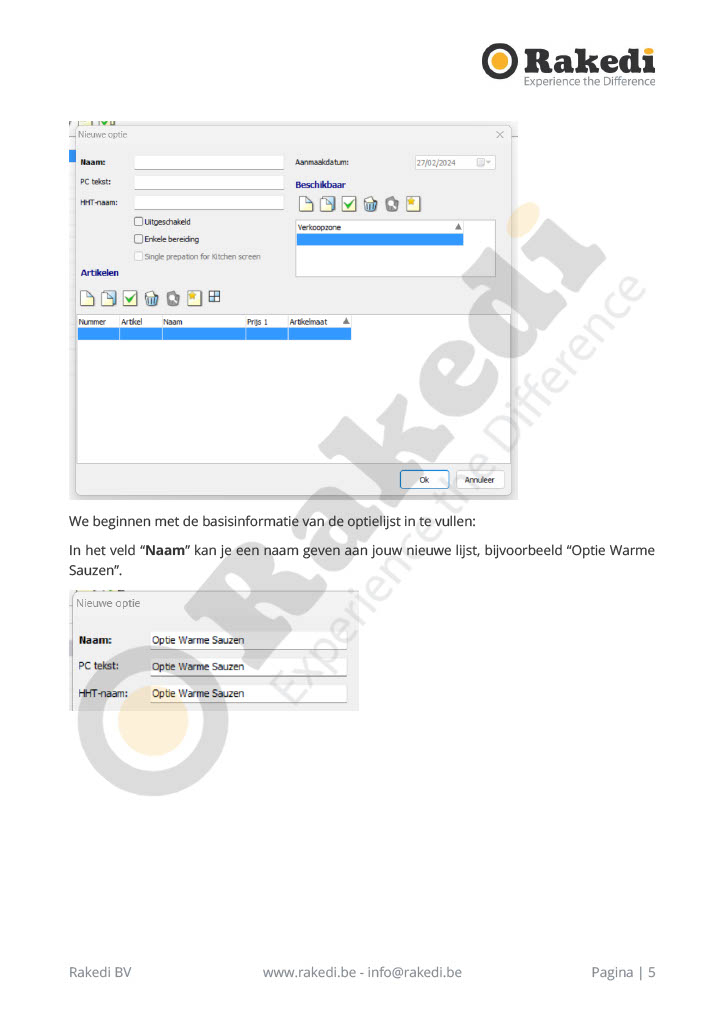 Opties beheren in RakediPOS