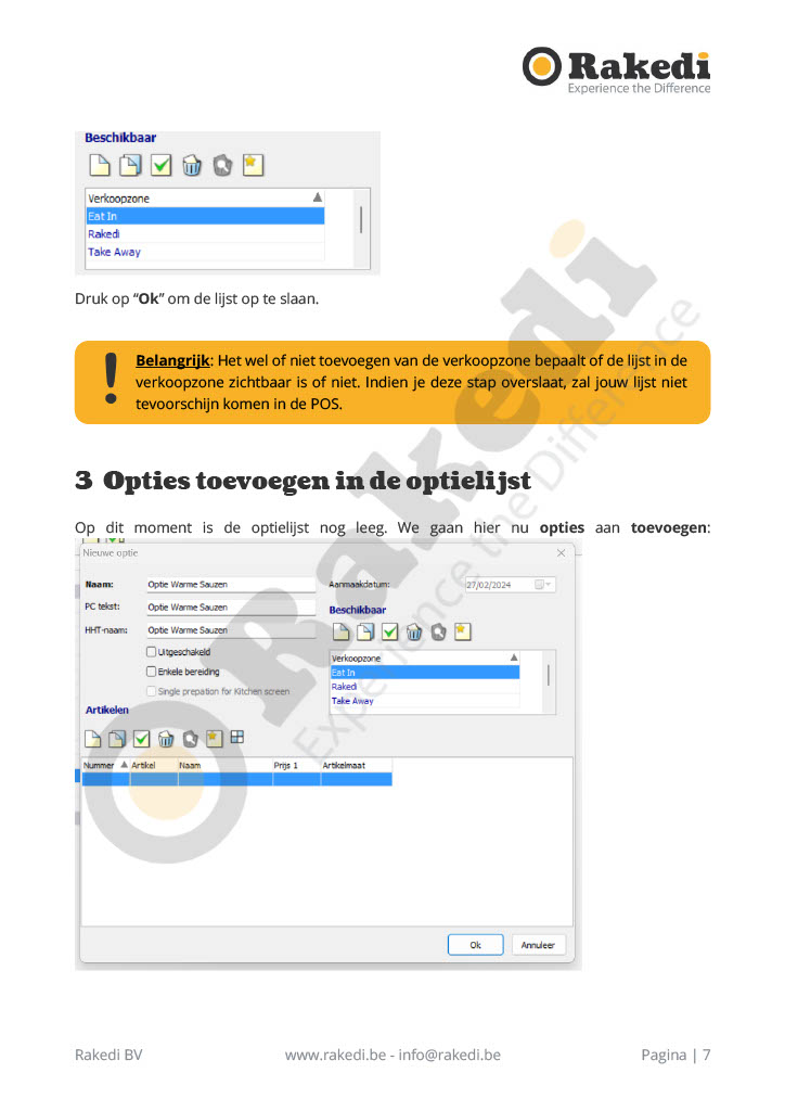 Opties beheren in RakediPOS